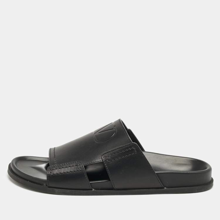 Pre Owned Valentino Black Leather VLogo Flat Slides Size 45