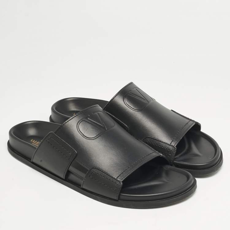 Pre Owned Valentino Black Leather VLogo Flat Slides Size 45