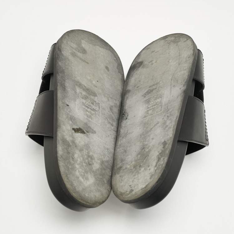 Pre Owned Valentino Black Leather VLogo Flat Slides Size 45