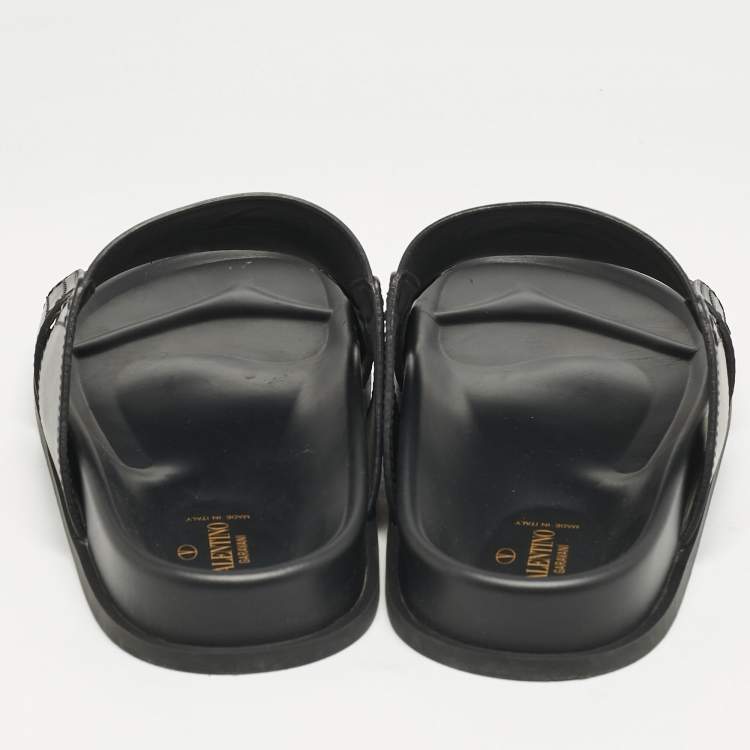 Pre Owned Valentino Black Leather VLogo Flat Slides Size 45
