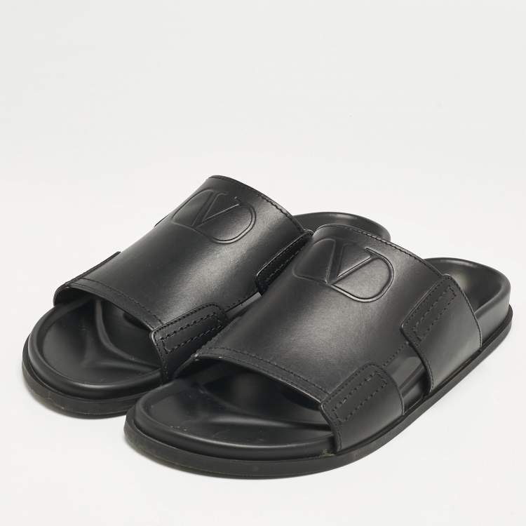 Pre Owned Valentino Black Leather VLogo Flat Slides Size 45