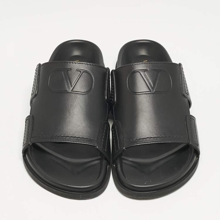 Pre Owned Valentino Black Leather VLogo Flat Slides Size 45