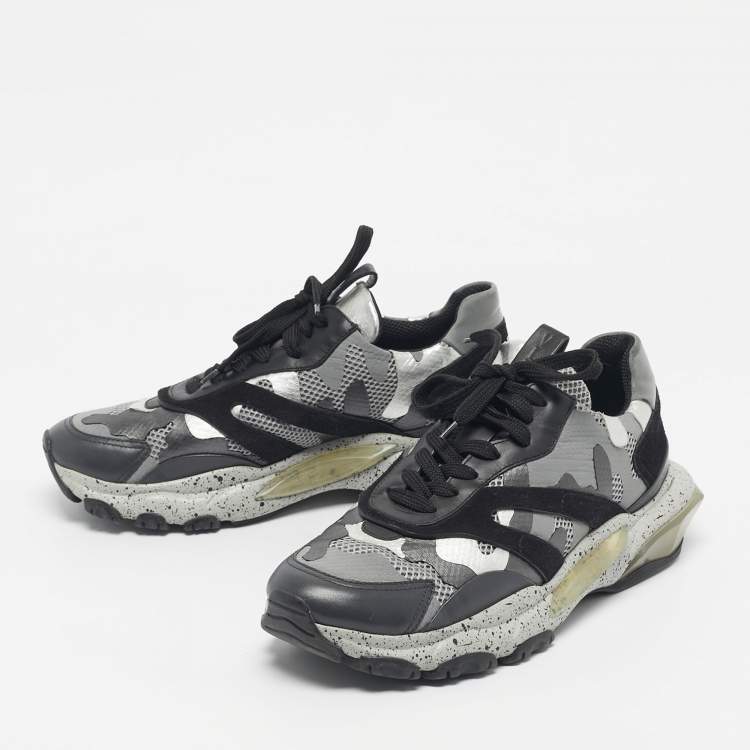 Pre Owned Valentino Black/Grey Leather and Mesh Camouflage Bounce Low Top Sneakers Size 41