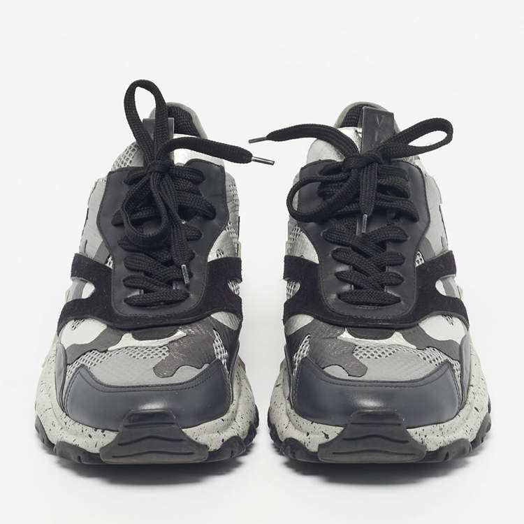 Pre Owned Valentino Black/Grey Leather and Mesh Camouflage Bounce Low Top Sneakers Size 41