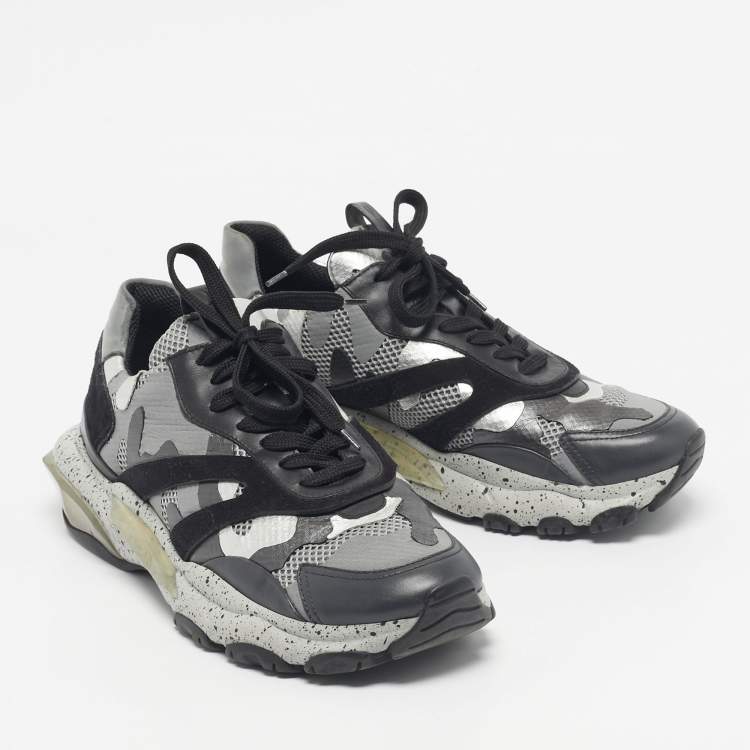 Pre Owned Valentino Black/Grey Leather and Mesh Camouflage Bounce Low Top Sneakers Size 41