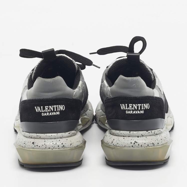 Pre Owned Valentino Black/Grey Leather and Mesh Camouflage Bounce Low Top Sneakers Size 41