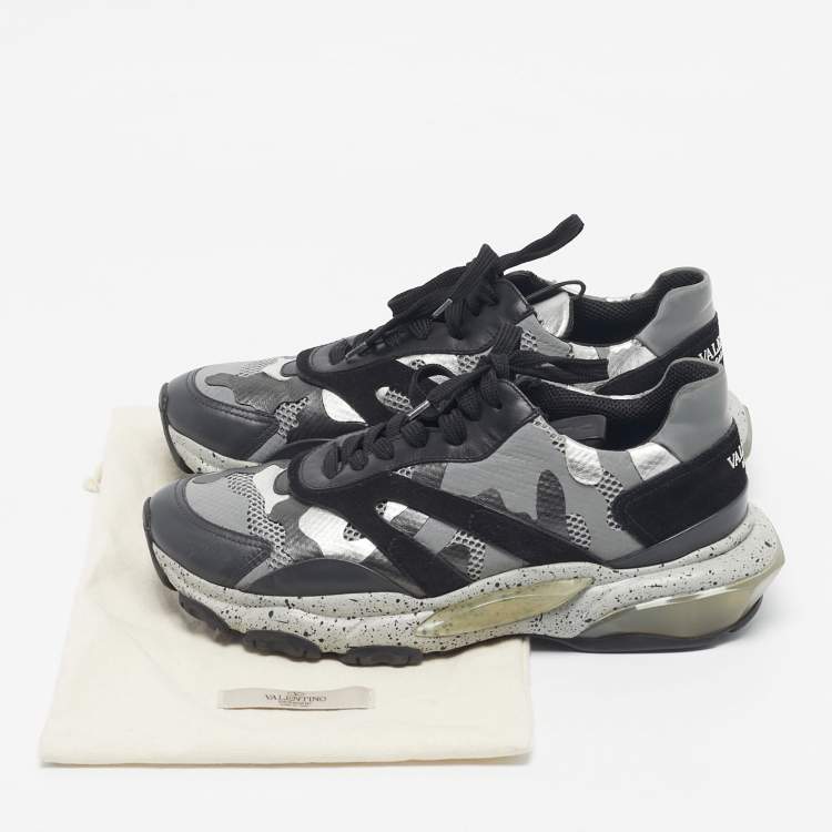 Pre Owned Valentino Black/Grey Leather and Mesh Camouflage Bounce Low Top Sneakers Size 41