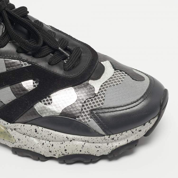 Pre Owned Valentino Black/Grey Leather and Mesh Camouflage Bounce Low Top Sneakers Size 41
