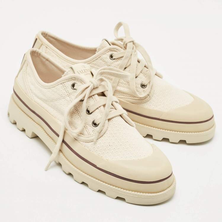 Pre Owned Valentino Beige Embroidered Fabric Low Top Sneakers Size 41