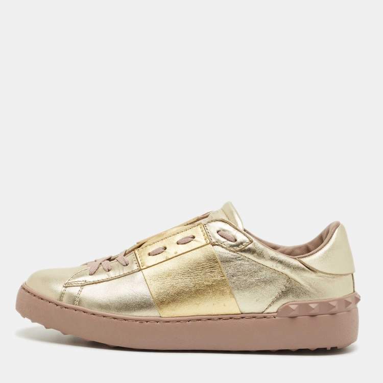 Pre Owned Valentino Two Tone Metallic Leather Open Low Top Sneakers Size 40