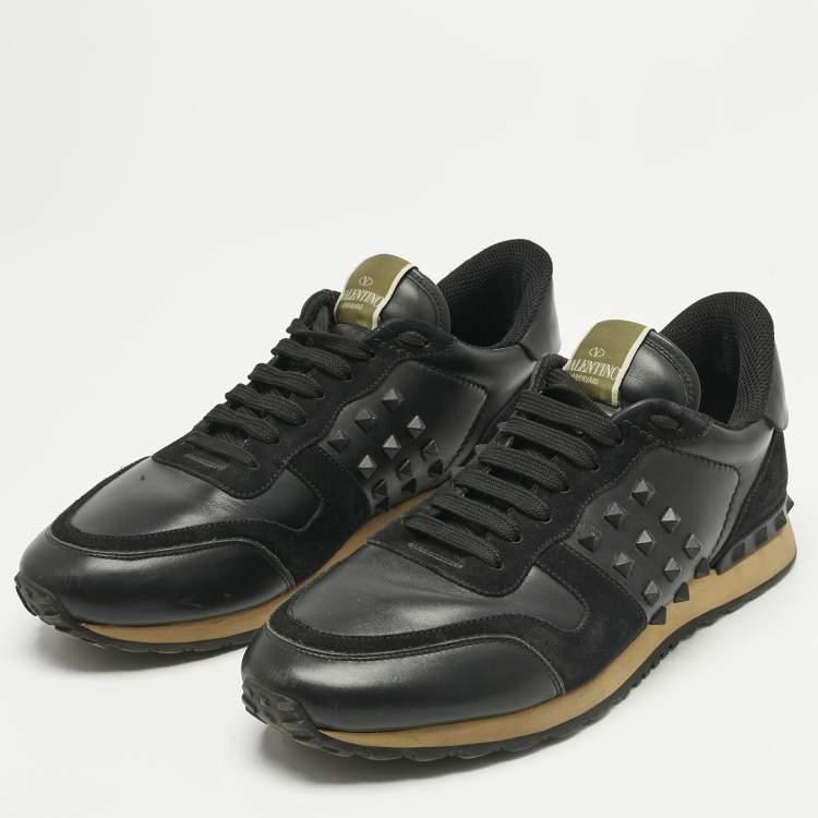 Pre Owned Valentino Black Leather and Suede Rockrunner Lace Up Sneakers Size 42