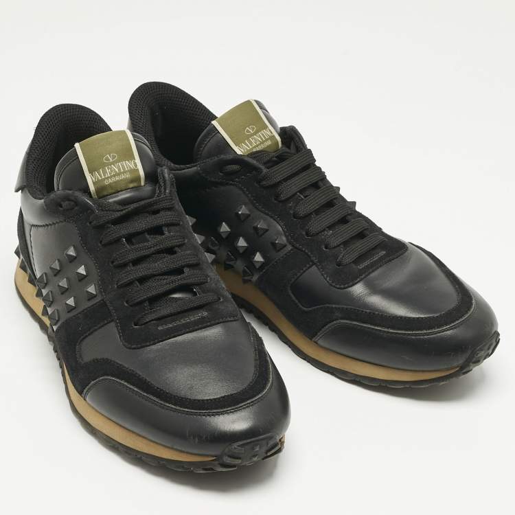 Pre Owned Valentino Black Leather and Suede Rockrunner Lace Up Sneakers Size 42