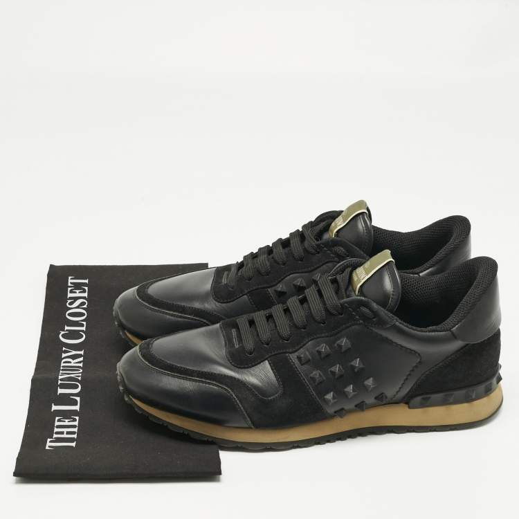 Pre Owned Valentino Black Leather and Suede Rockrunner Lace Up Sneakers Size 42