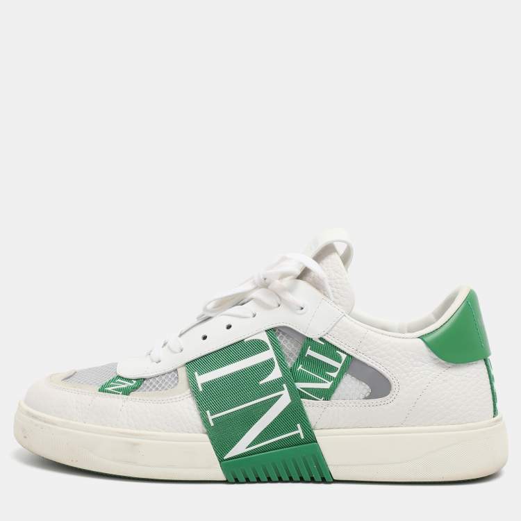 Pre Owned Valentino White/Green Leather and Mesh VLTN Low Top Sneakers Size 44