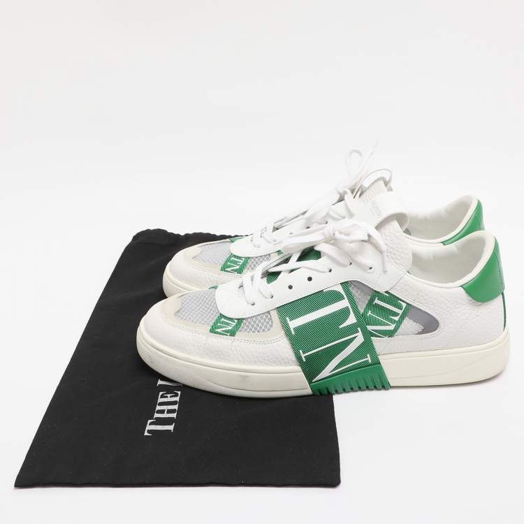 Pre Owned Valentino White/Green Leather and Mesh VLTN Low Top Sneakers Size 44