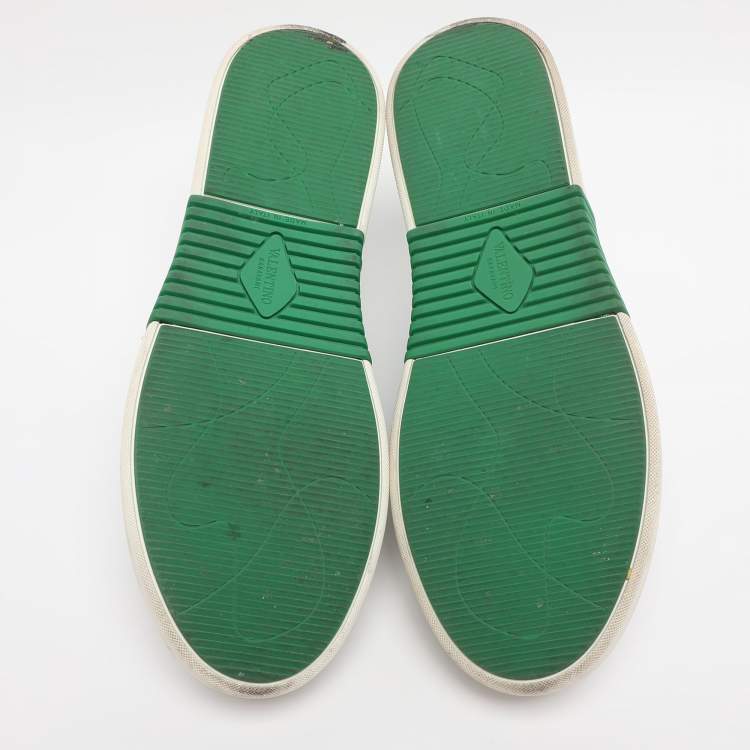 Pre Owned Valentino White/Green Leather and Mesh VLTN Low Top Sneakers Size 44