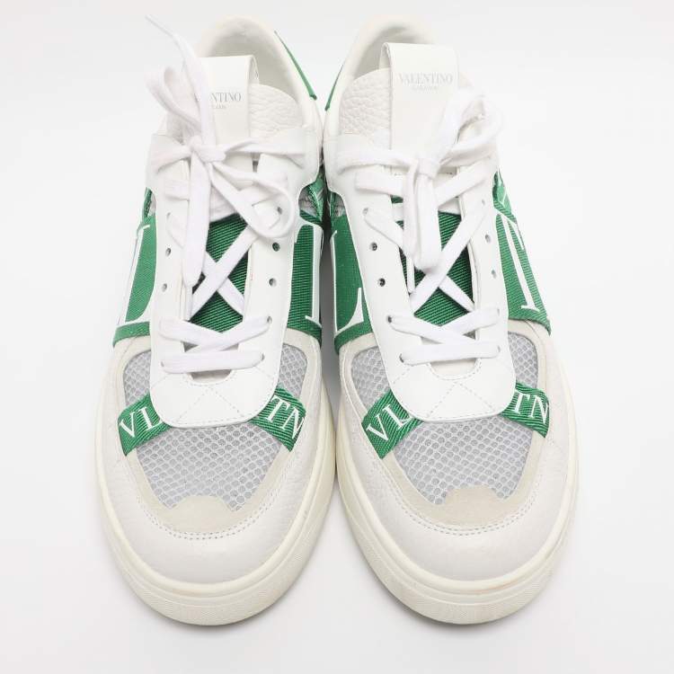 Pre Owned Valentino White/Green Leather and Mesh VLTN Low Top Sneakers Size 44