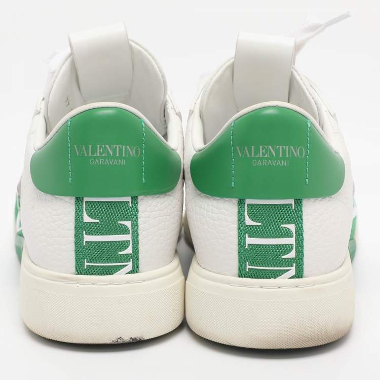 Pre Owned Valentino White/Green Leather and Mesh VLTN Low Top Sneakers Size 44