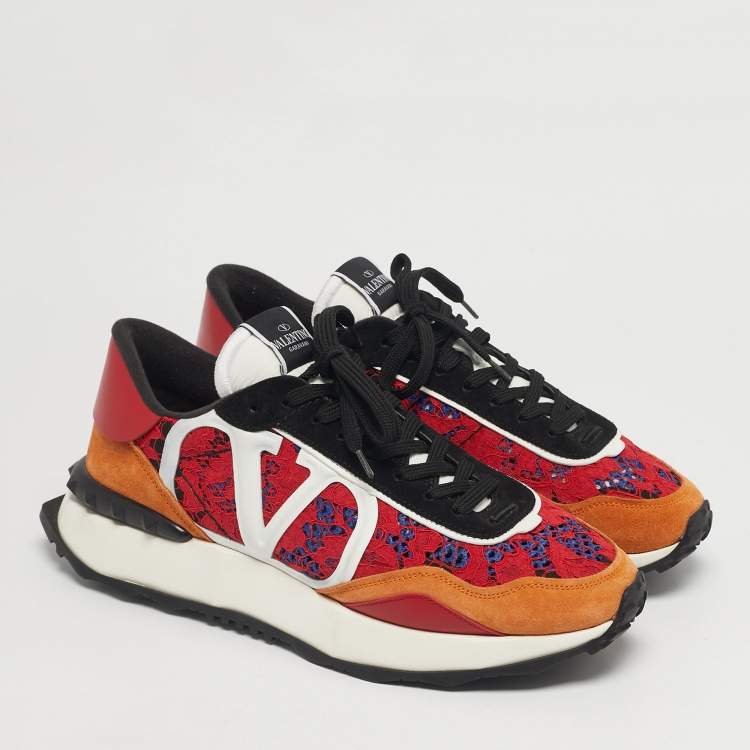 Pre Owned Valentino Multicolor Lace and Leather Lacerunner Lace Up Sneakers Size 44