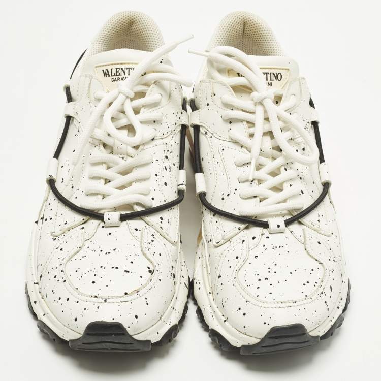 Pre Owned Valentino Bounce Size 41 White Leather Paint Splat Lace Up Sneakers