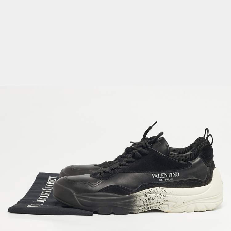 Pre Owned Valentino VL7N Size 45 Black Leather and Suede Lace Up Sneakers