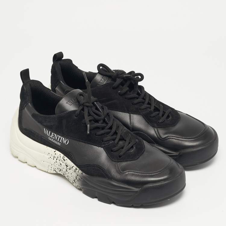 Pre Owned Valentino VL7N Size 45 Black Leather and Suede Lace Up Sneakers