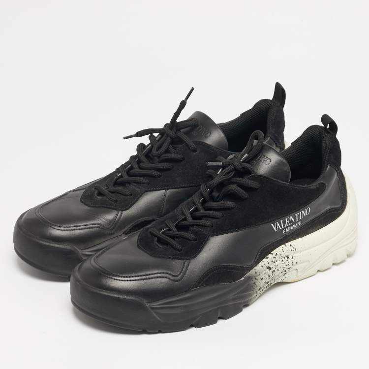 Pre Owned Valentino VL7N Size 45 Black Leather and Suede Lace Up Sneakers