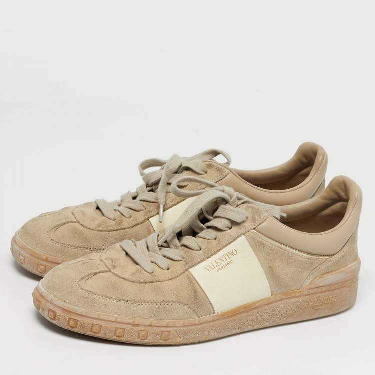 Pre Owned Valentino Upvillage Size 40 Beige Leather and Suede Lace Up Sneakers