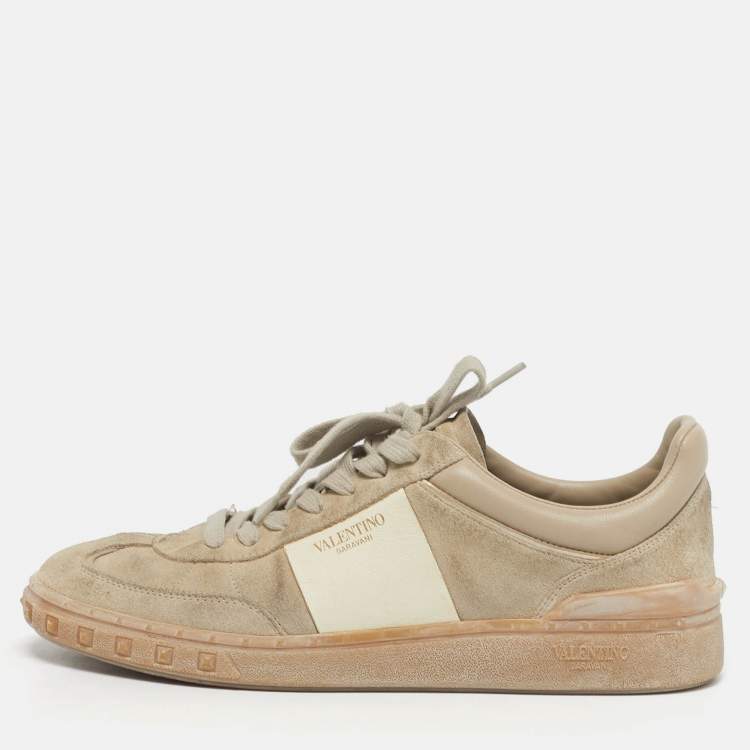 Pre Owned Valentino Upvillage Size 40 Beige Leather and Suede Lace Up Sneakers