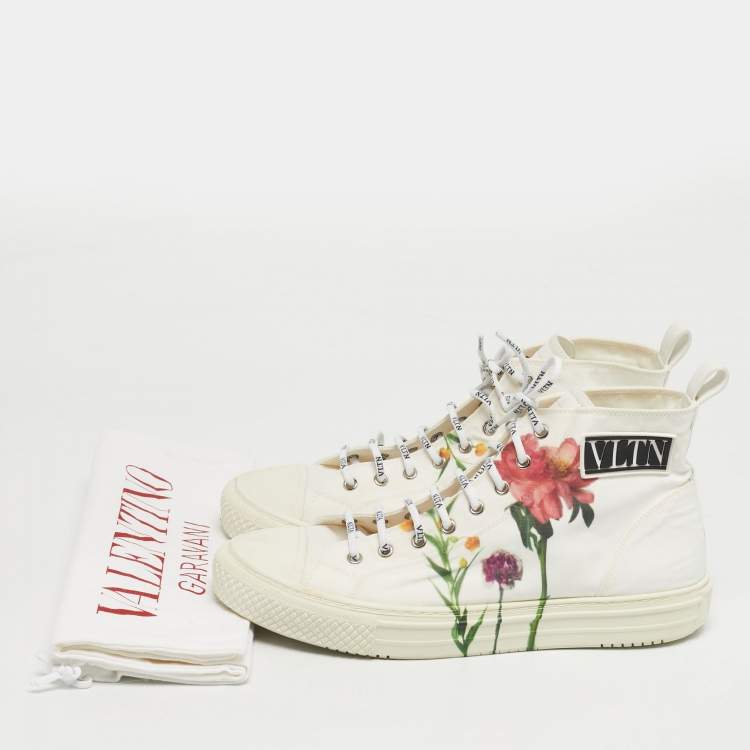 Pre Owned Valentino Giggies Size 44 White Canvas Flower Cap Toe High Top Sneakers