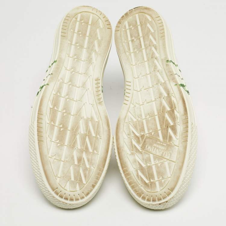 Pre Owned Valentino Giggies Size 44 White Canvas Flower Cap Toe High Top Sneakers