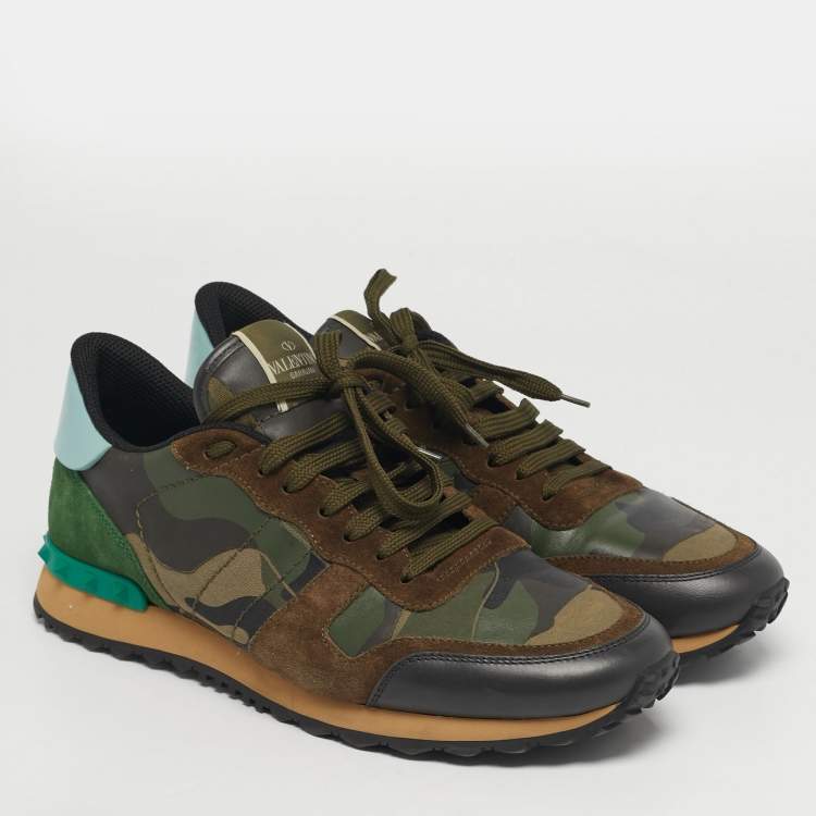 Pre Owned Valentino Rockrunner Size 43 Green Canvas, Leather and Suede Lace Up Sneakers
