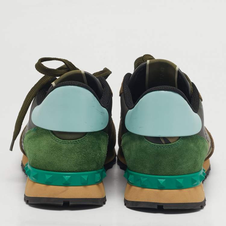 Pre Owned Valentino Rockrunner Size 43 Green Canvas, Leather and Suede Lace Up Sneakers