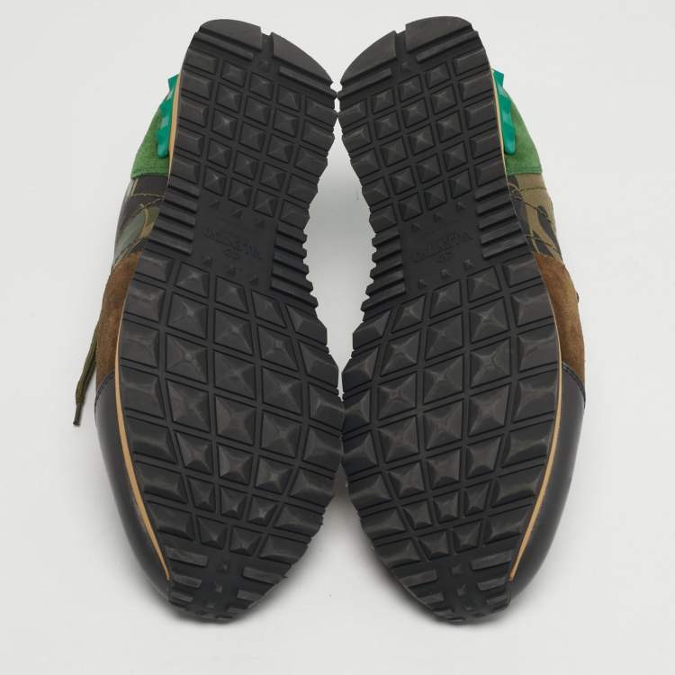 Pre Owned Valentino Rockrunner Size 43 Green Canvas, Leather and Suede Lace Up Sneakers