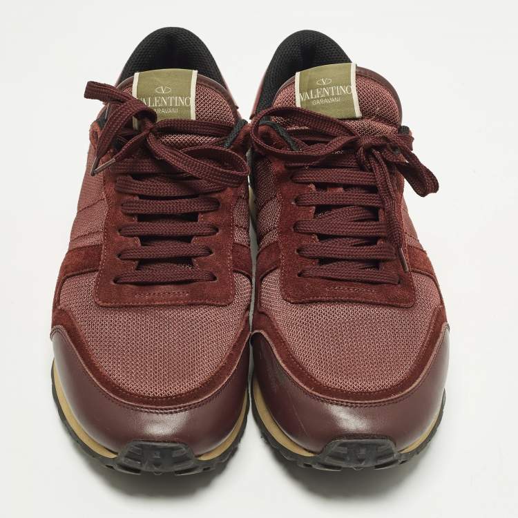 Pre Owned Valentino Rockrunner Size 44 Burgundy/Grey Mesh and Suede Lace Up Sneakers