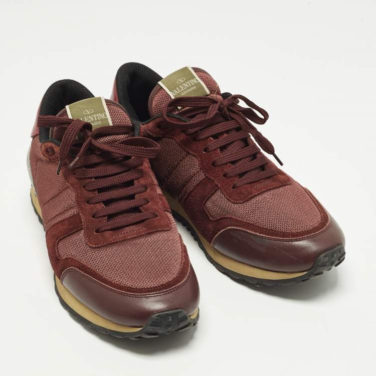 Pre Owned Valentino Rockrunner Size 44 Burgundy/Grey Mesh and Suede Lace Up Sneakers