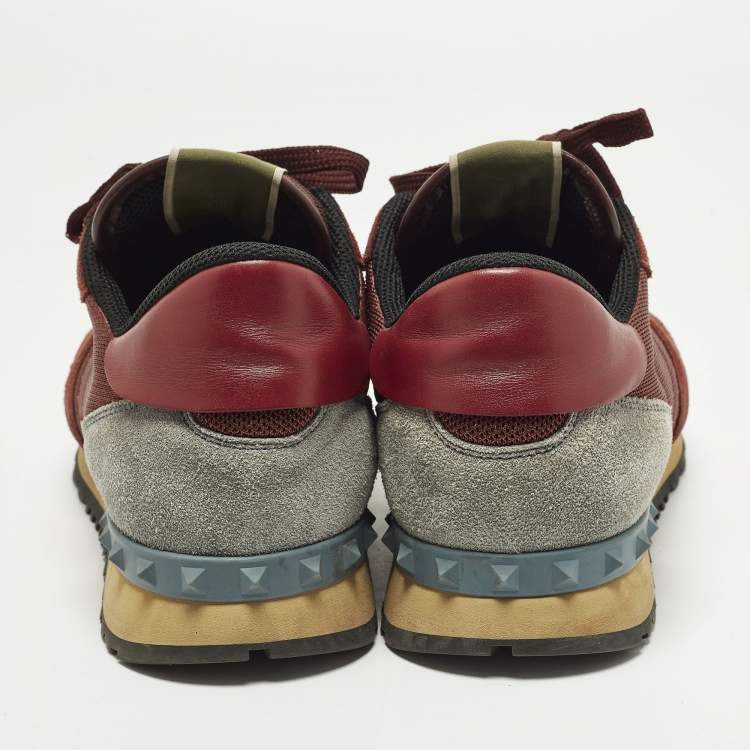 Pre Owned Valentino Rockrunner Size 44 Burgundy/Grey Mesh and Suede Lace Up Sneakers
