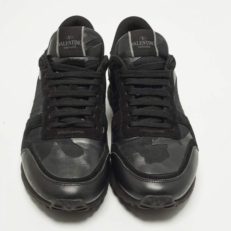 Pre Owned Valentino Rockrunner Size 44 Black Leather and Suede Lace Up Sneakers