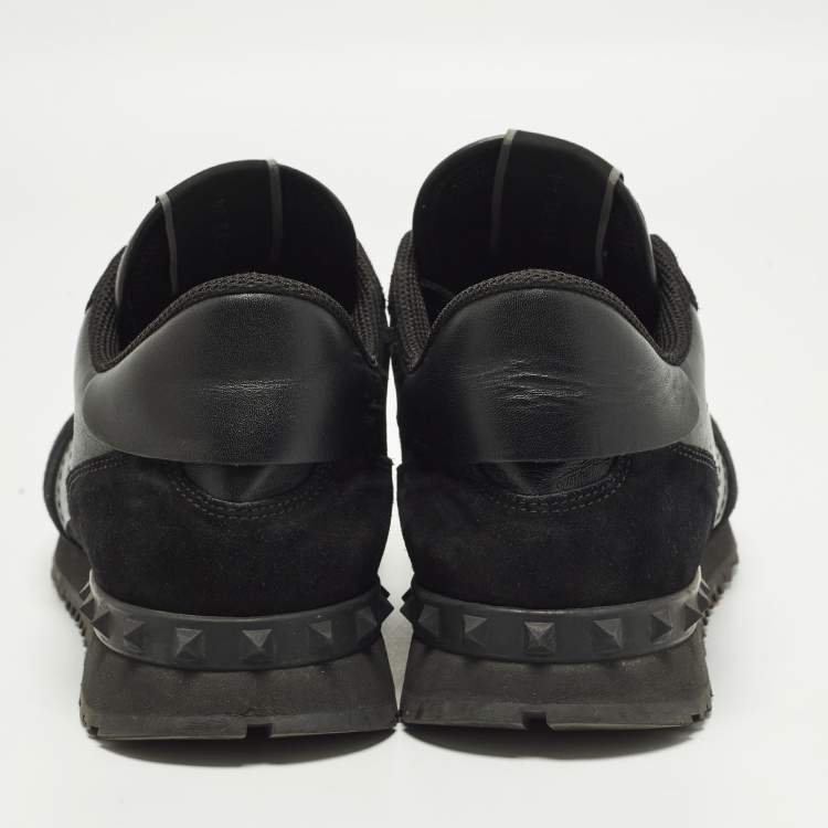 Pre Owned Valentino Rockrunner Size 44 Black Leather and Suede Lace Up Sneakers
