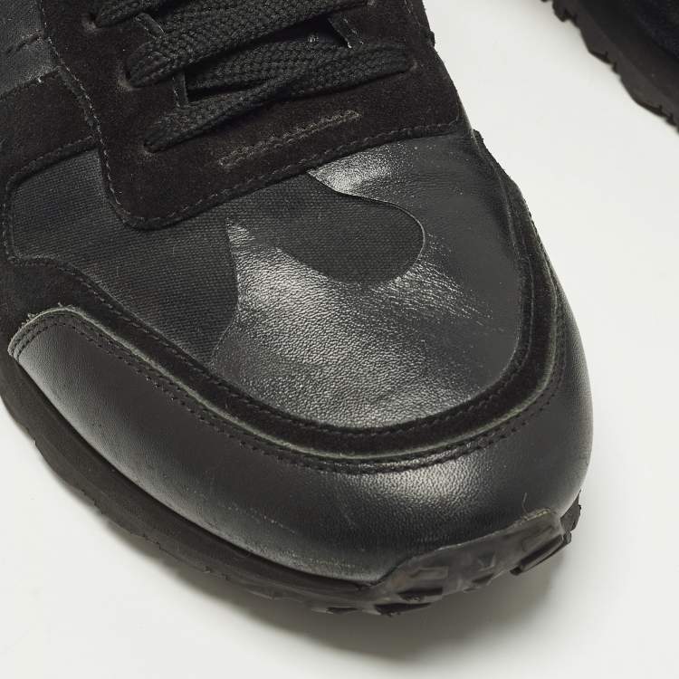Pre Owned Valentino Rockrunner Size 44 Black Leather and Suede Lace Up Sneakers