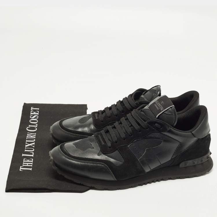 Pre Owned Valentino Rockrunner Size 44 Black Leather and Suede Lace Up Sneakers