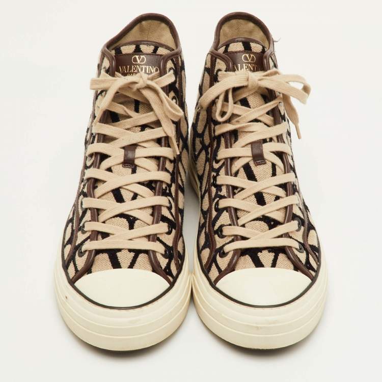 Pre Owned Valentino Totaloop Size 42.5 Beige/Brown Canvas Toile Iconographe High Top Sneakers