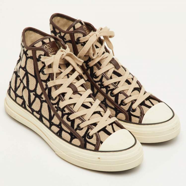 Pre Owned Valentino Totaloop Size 42.5 Beige/Brown Canvas Toile Iconographe High Top Sneakers