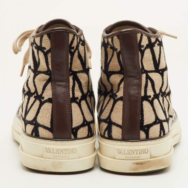 Pre Owned Valentino Totaloop Size 42.5 Beige/Brown Canvas Toile Iconographe High Top Sneakers
