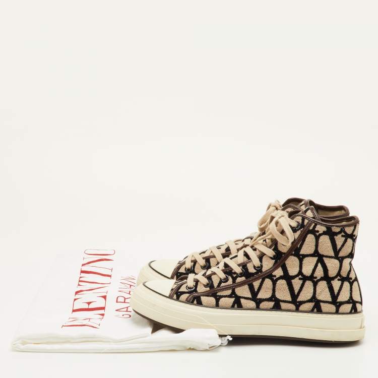 Pre Owned Valentino Totaloop Size 42.5 Beige/Brown Canvas Toile Iconographe High Top Sneakers