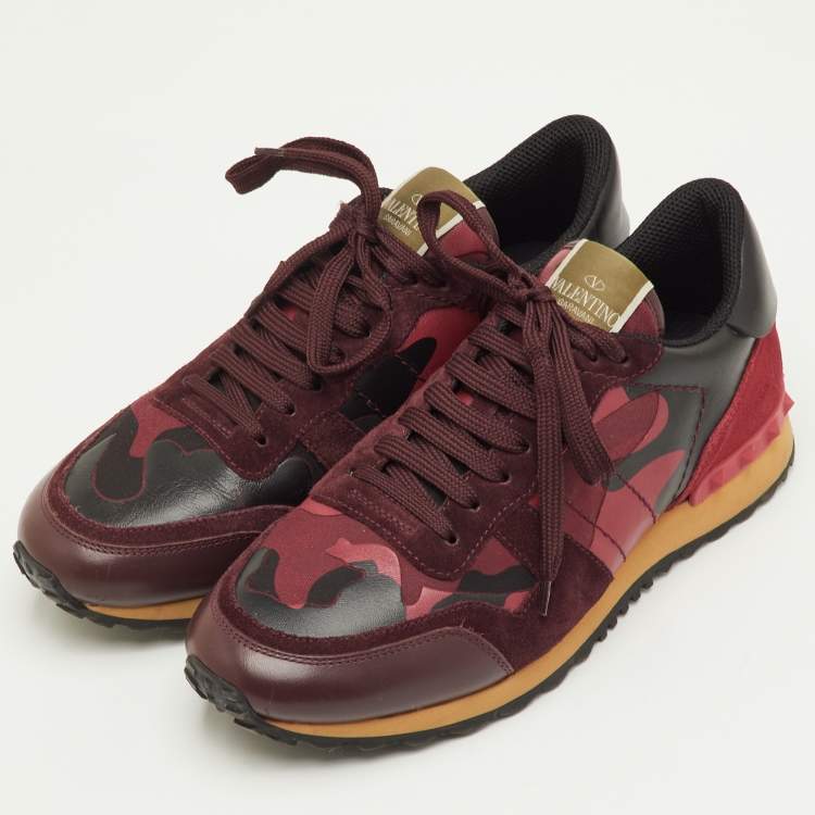 Pre Owned Valentino Rockrunner Size 41 Red Camouflage Canvas, Leather and Suede Low Top Sneakers