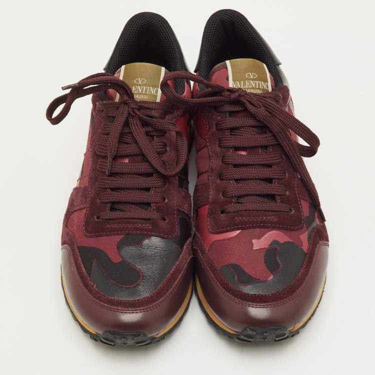 Pre Owned Valentino Rockrunner Size 41 Red Camouflage Canvas, Leather and Suede Low Top Sneakers
