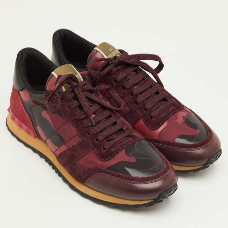 Pre Owned Valentino Rockrunner Size 41 Red Camouflage Canvas, Leather and Suede Low Top Sneakers