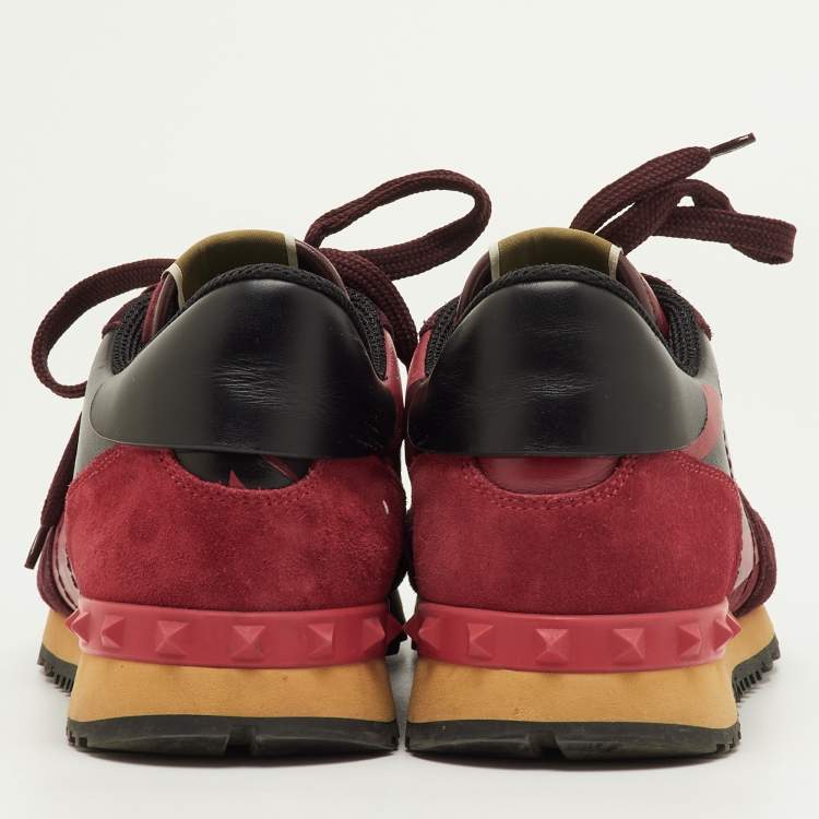 Pre Owned Valentino Rockrunner Size 41 Red Camouflage Canvas, Leather and Suede Low Top Sneakers