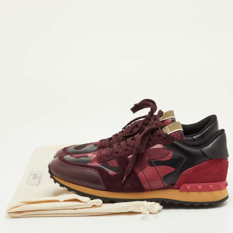 Pre Owned Valentino Rockrunner Size 41 Red Camouflage Canvas, Leather and Suede Low Top Sneakers